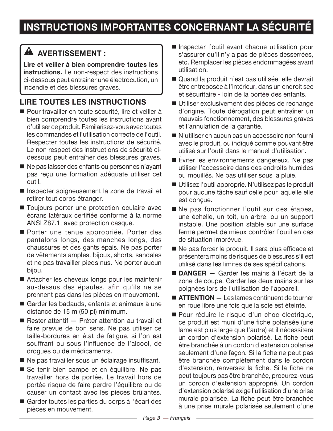 Ryobi RY 43160A Instructions Importantes Concernant LA Sécurité, Avertissement , Lire Toutes LES Instructions 